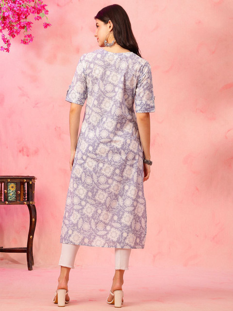 Anouk Rustic Floral Printed Round Neck Cotton Straight Kurta - Image 6