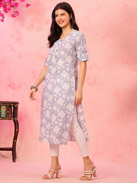 Anouk Rustic Floral Printed Round Neck Cotton Straight Kurta - Image 5