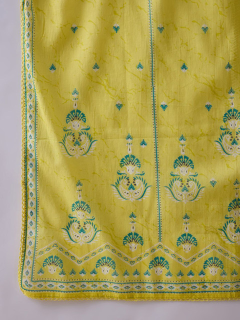 Indo Era Floral Printed Mandarin Collar Beads Stones Pure Cotton Kurta Trousers & Dupatta - Image 3