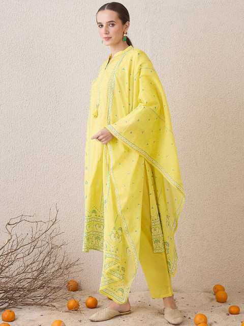 Indo Era Floral Printed Mandarin Collar Beads Stones Pure Cotton Kurta Trousers & Dupatta - Image 4