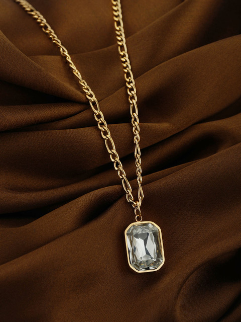 Carlton London 18kt Gold Plated Stainless Steel Square Crystal Pendant and Chain