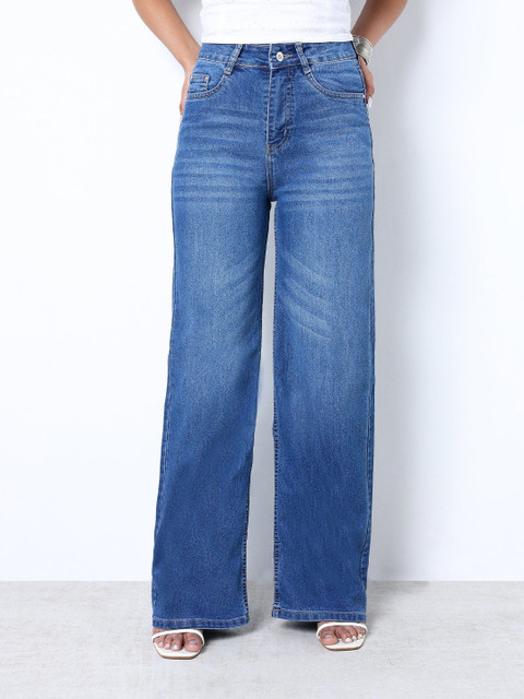 ZUYA Women Stretch Super Wide Leg Denim Jeans in Light Blue Color
