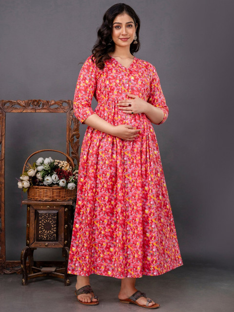 SILAKIVA Women Floral Printed Floral Maternity Anarkali Kurta