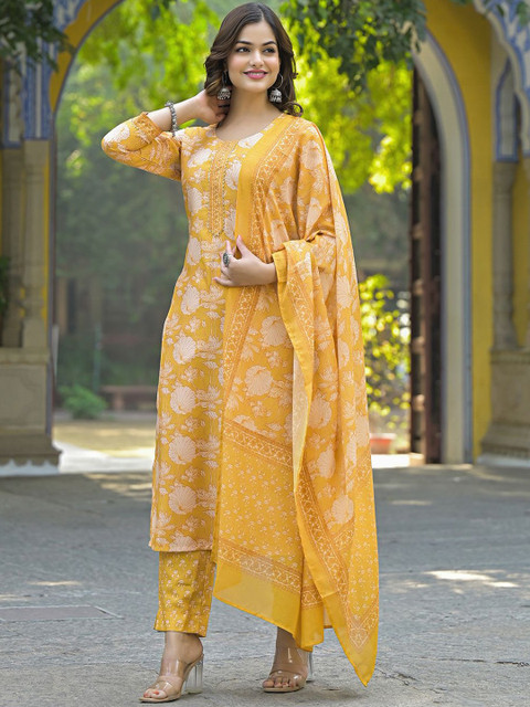 KALINI Women Floral Printed Regular Kurta with Trousers & With Dupatta - Image 4