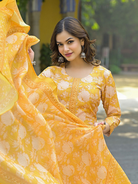 KALINI Women Floral Printed Regular Kurta with Trousers & With Dupatta