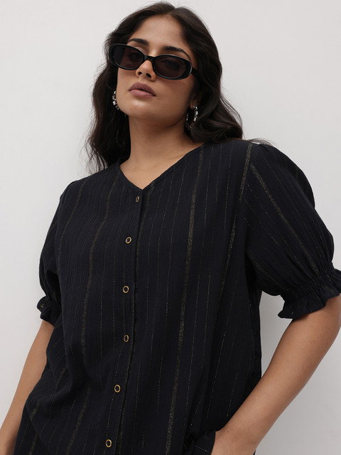 The Roadster Lifestyle Co. Plus Size Striped Puff Sleeve Crepe Top