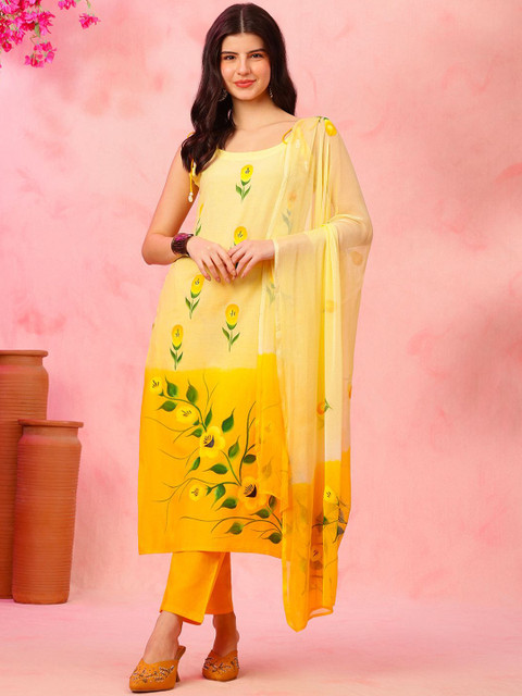 Anouk Floral Printed Shoulder Straps Pure Cotton Straight Kurta With Pyjamas & Dupatta