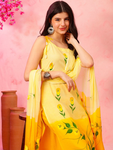 Anouk Floral Printed Shoulder Straps Pure Cotton Straight Kurta With Pyjamas & Dupatta - Image 7