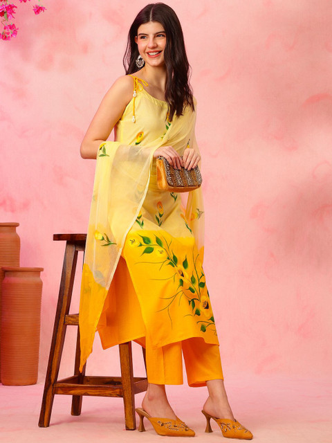 Anouk Floral Printed Shoulder Straps Pure Cotton Straight Kurta With Pyjamas & Dupatta - Image 4