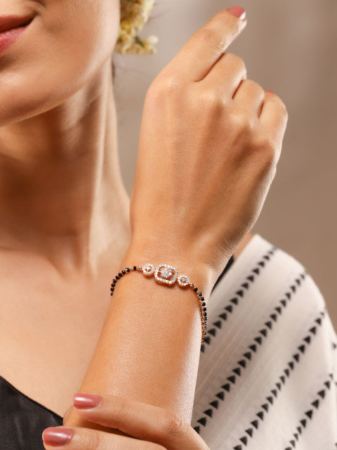 Rubans Rose Gold-Plated Black Beads & Cubic Zirconia Studded Floral Mangalsutra Bracelet