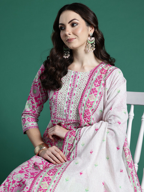 Indo Era Floral Printed Pure Cotton Kurta with Trousers & Dupatta