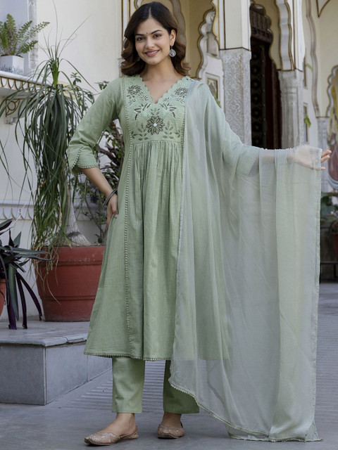 Anouk Floral Yoke Design V-Neck Empire Aari Work Pure Cotton Kurta with Pyjamas & Dupatta - Image 2