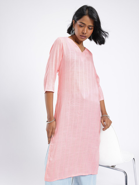 Anouk Rustic Woven Design Striped V-Neck Straight Kurta