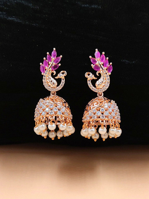 JYONA Rose Gold-Plated American Diamond & Cubic Zirconia Studded Dome Shaped Jhumkas