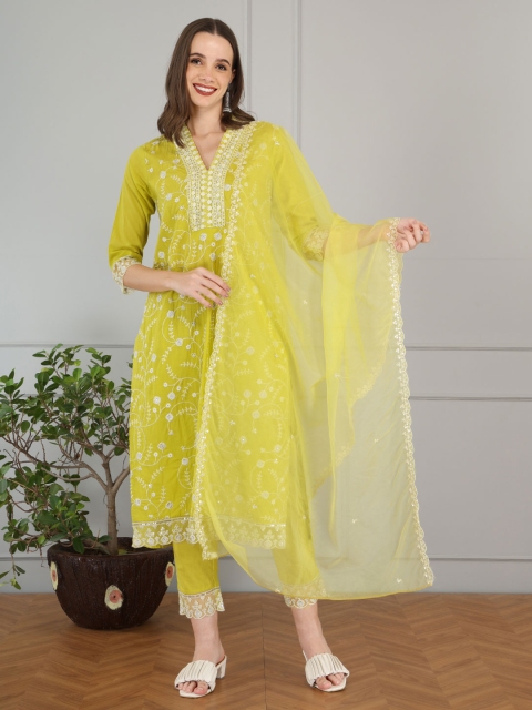 Anouk Floral Embroidered V-Neck Pure Cotton Thread Work Kurta With Trousers & Dupatta