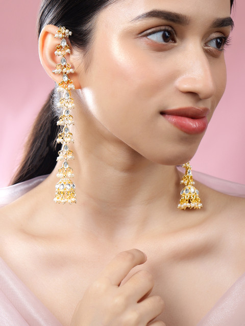 Rubans 18K Gold-Plated White Kundan & Glossy Pearl Beaded Long Jhumka Earring Extension