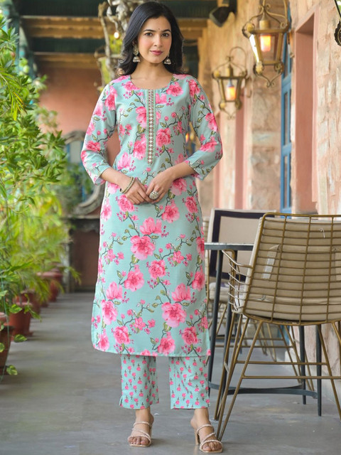KALINI Floral Printed Straight Kurta With Trouser And Dupatta - Image 7