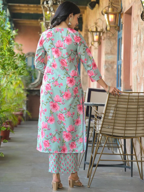 KALINI Floral Printed Straight Kurta With Trouser And Dupatta - Image 6