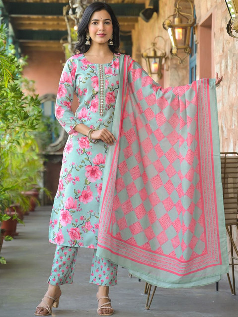 KALINI Floral Printed Straight Kurta With Trouser And Dupatta - Image 2