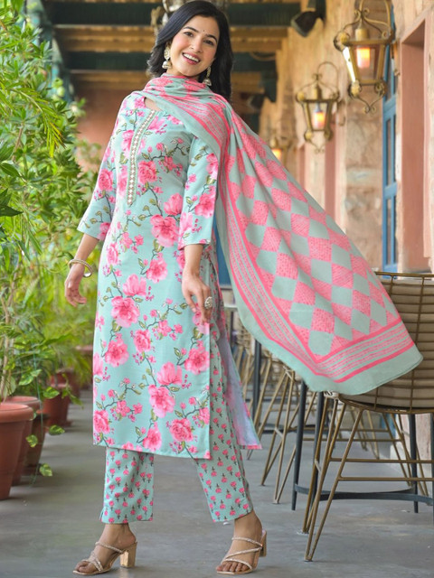KALINI Floral Printed Straight Kurta With Trouser And Dupatta - Image 5