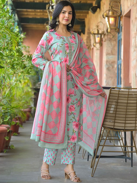 KALINI Floral Printed Straight Kurta With Trouser And Dupatta - Image 4