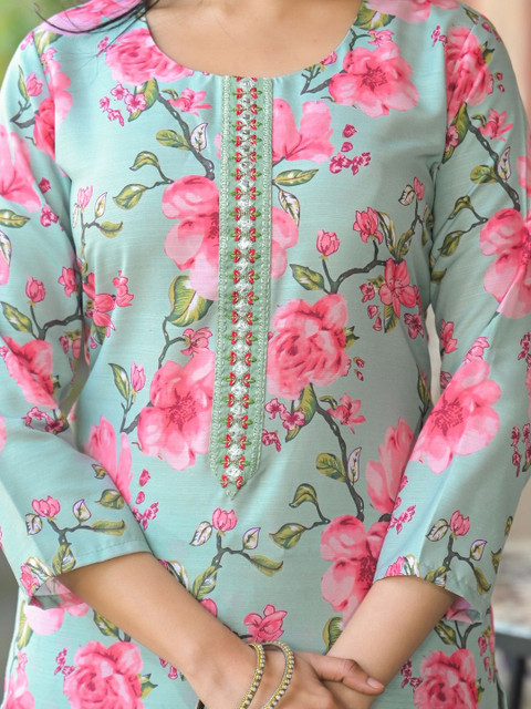 KALINI Floral Printed Straight Kurta With Trouser And Dupatta - Image 3