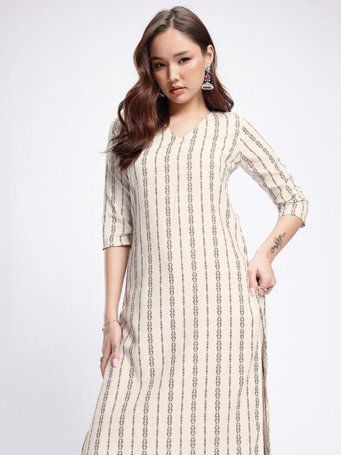 Anouk Rustic V-Neck Woven Design Striped Straight Kurta