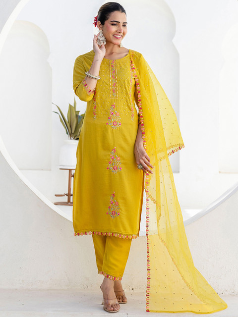 SANISA Women Ethnic Motifs Embroidered Regular Mirror Work Kurta with Trousers & With Dupatta - Image 2
