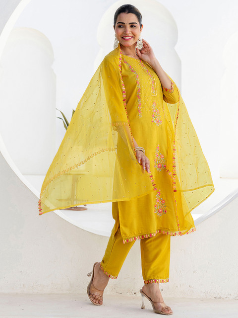 SANISA Women Ethnic Motifs Embroidered Regular Mirror Work Kurta with Trousers & With Dupatta - Image 4