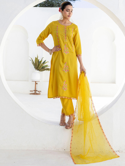 SANISA Women Ethnic Motifs Embroidered Regular Mirror Work Kurta with Trousers & With Dupatta - Image 5