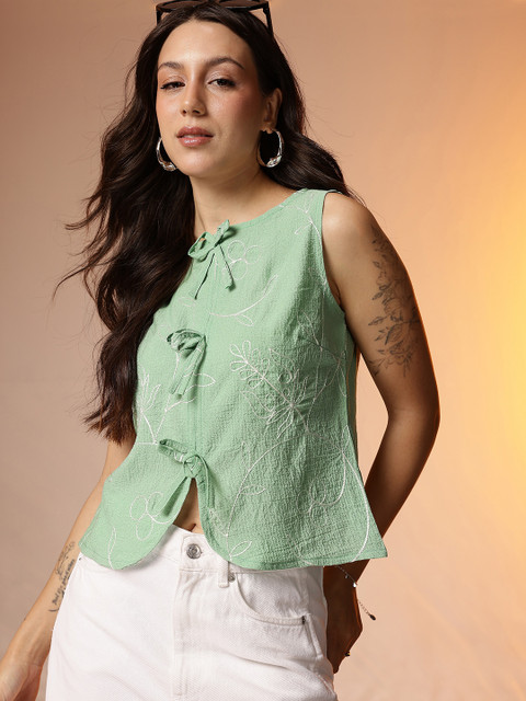 CORSICA Floral Embroidered Tie-Up Top