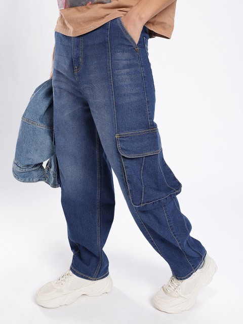 glitchez Men Wide Leg Light Fade Stretchable Panelling Cargo Jeans