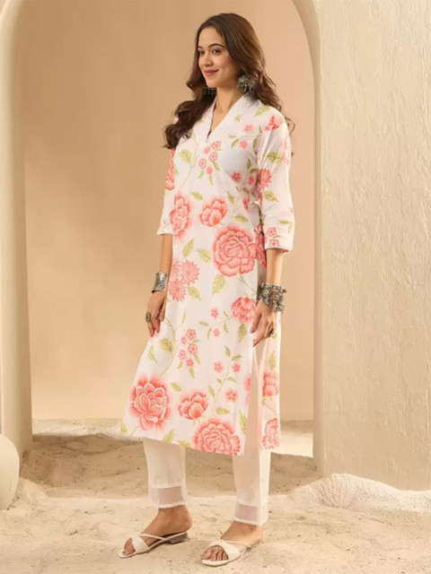 Royal Export Floral Printed Cotton V-Neck Straight Kurta - Image 2