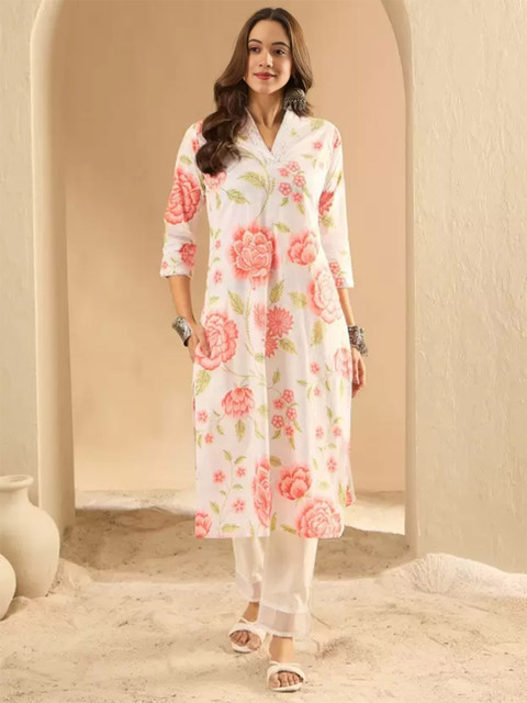 Royal Export Floral Printed Cotton V-Neck Straight Kurta - Image 3