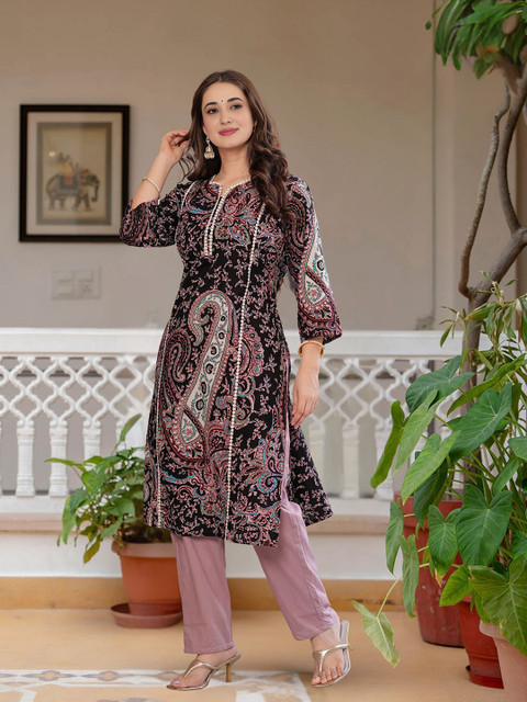 Royal Export Floral Printed Notch Neck Cotton Straight Kurta - Image 2