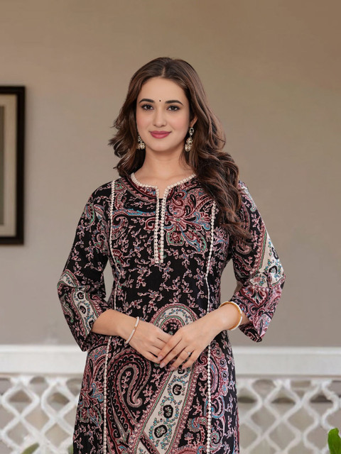 Royal Export Floral Printed Notch Neck Cotton Straight Kurta - Image 3