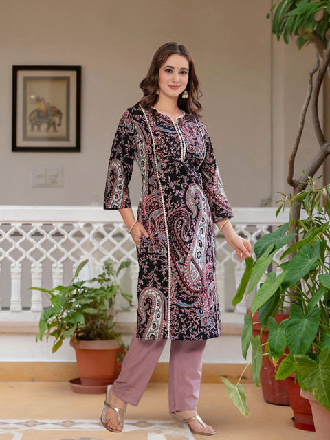 Royal Export Floral Printed Notch Neck Cotton Straight Kurta - Image 5