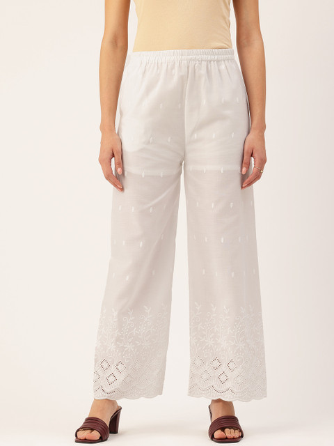 FERANOID Women Floral Embroidered Pure Cotton Knitted Ethnic Palazzos