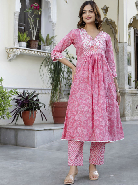 Anouk Women Floral Embroidered Thread Work Pure Cotton Kurta Trousers & With Dupatta - Image 4