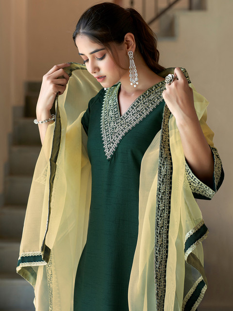 SANISA Floral Yoke Design V-Neck Sequinned Straight Kurta With Trousers & Dupatta