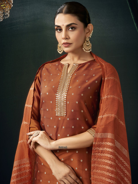 SANISA Floral Woven Design Notch Neck Sequinned Straight Kurta With Trousers & Dupatta