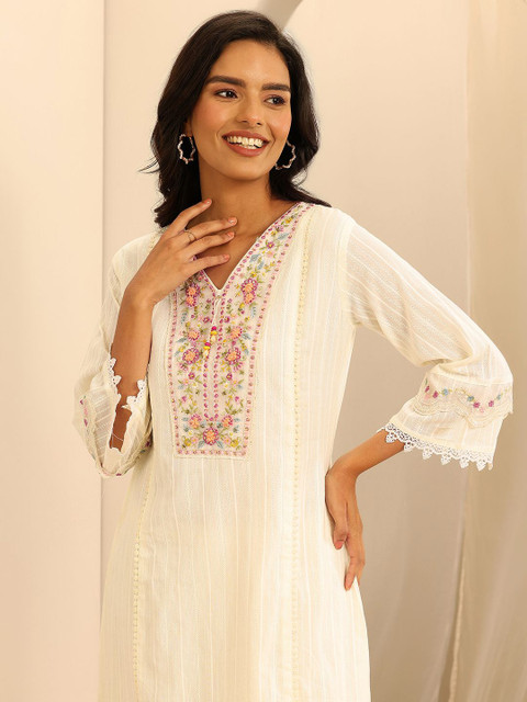 Libas Women Floral Embroidered Panelled Thread Work Kurta with Trousers & With Dupatta - Image 3
