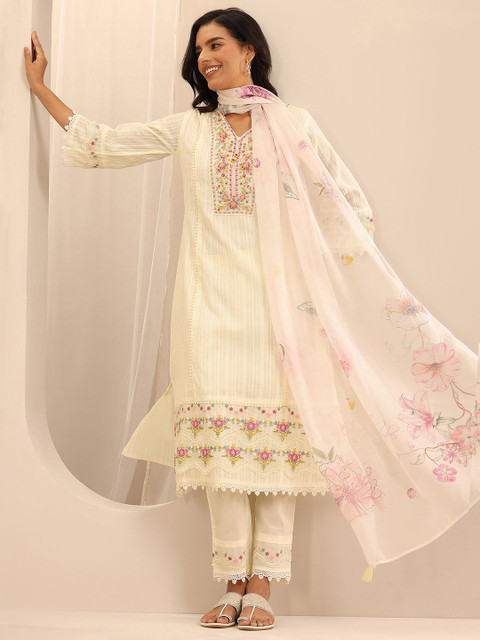 Libas Women Floral Embroidered Panelled Thread Work Kurta with Trousers & With Dupatta - Image 2