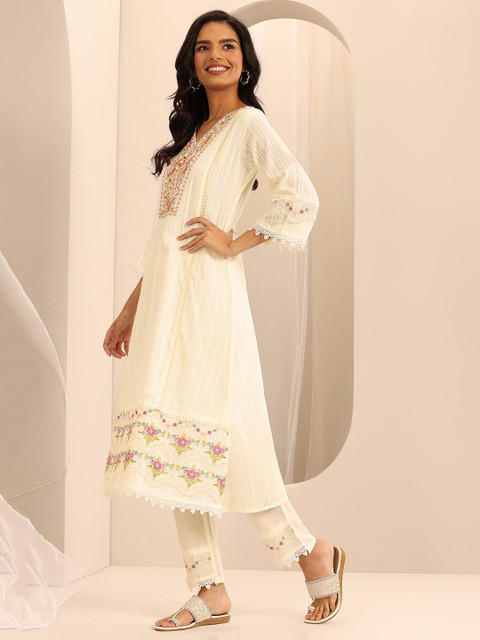 Libas Women Floral Embroidered Panelled Thread Work Kurta with Trousers & With Dupatta - Image 4