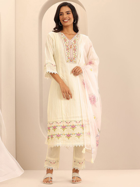 Libas Women Floral Embroidered Panelled Thread Work Kurta with Trousers & With Dupatta - Image 6