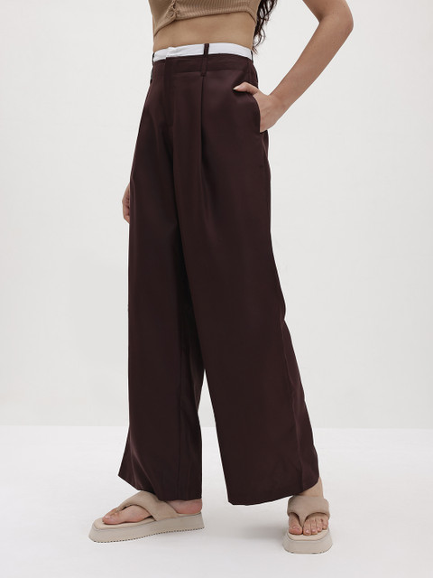 The Roadster Life Co. Women Pleated Mid-Rise Flared Fit Wide Leg Trousers