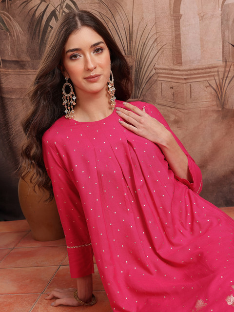 Sangria Floral Foil Printed Panelled A-Line Kurta with Dhoti Pants