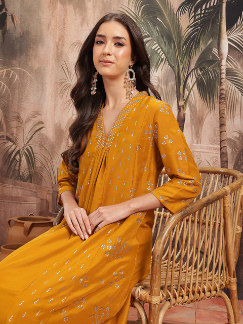 Sangria Ethnic Motifs Printed Regular A-Line Kurta with Trousers
