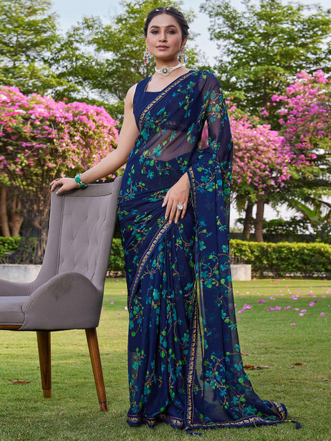 KALINI Women Blue Floral Pure Chiffon Saree - Image 2