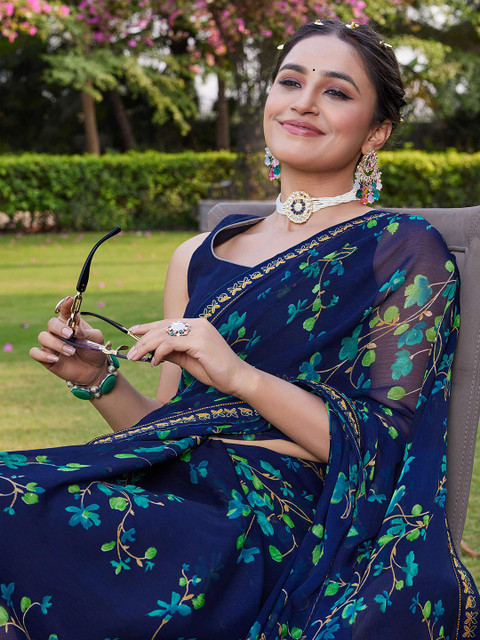 KALINI Women Blue Floral Pure Chiffon Saree - Image 5